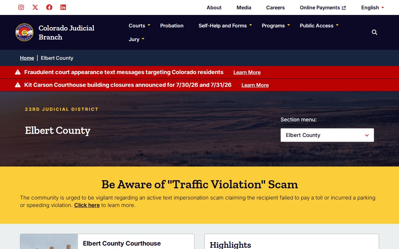 Official Elbert Combined Courts page with court access information
