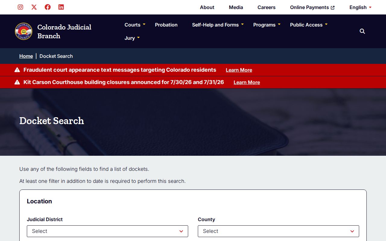 Colorado Judicial docket search controls for Elbert County cases