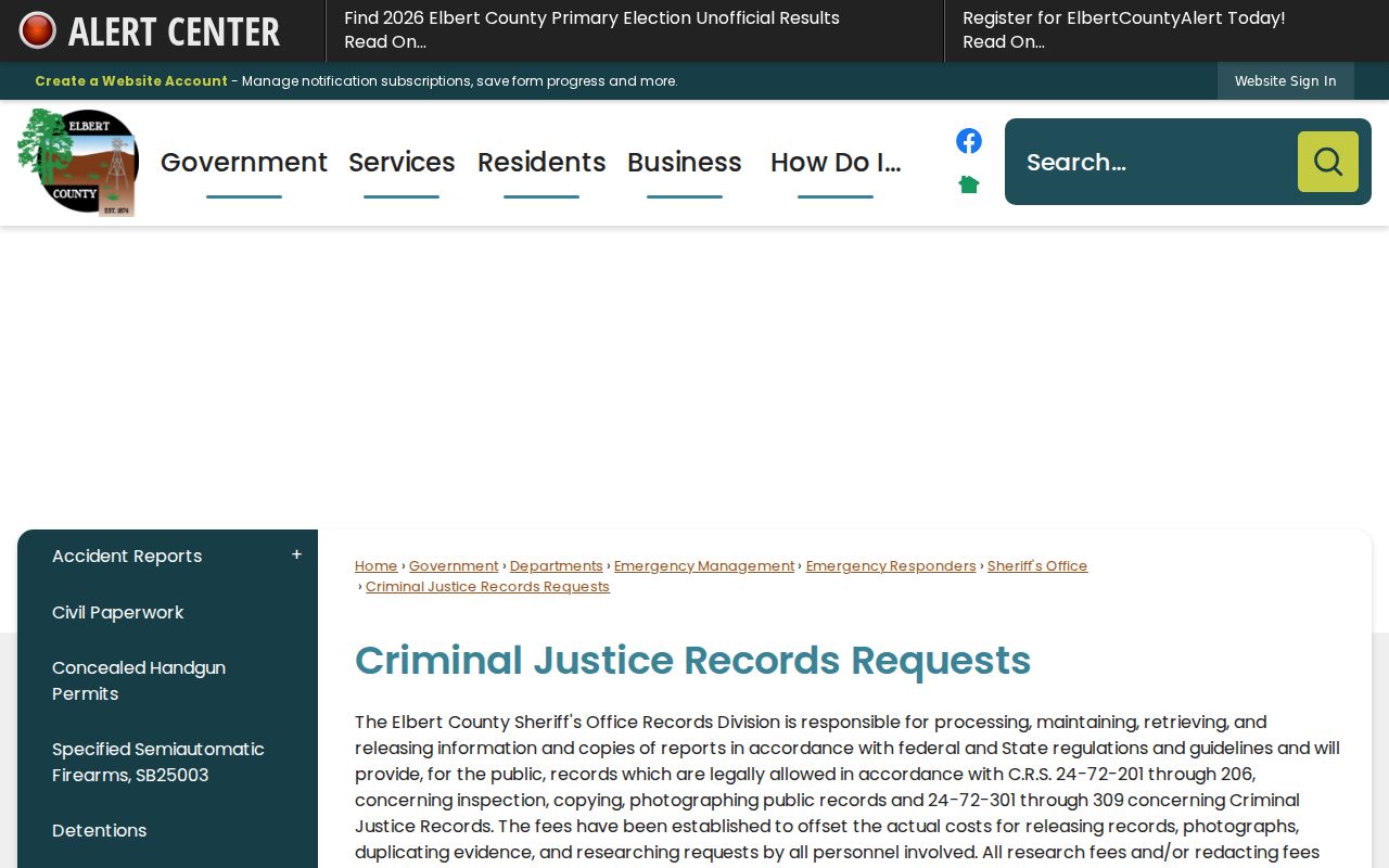 Elbert County criminal history sheriff records request instructions